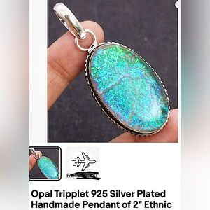 triplet opal Pendant Sterling Plated 2" long Artisan tribal India color changes